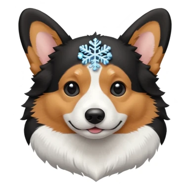 black tricolor corgi with no tail and a snowflake on it's nose sticker