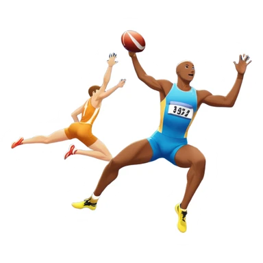 An icon showcasing various disciplines of track and field in one scene: a sprinter in full speed, a high jumper soaring over the bar, a long jumper taking off, and a discus thrower in motion. The background features a vibrant stadium with cheering crowds, bright lights, and a clear sky.  sticker