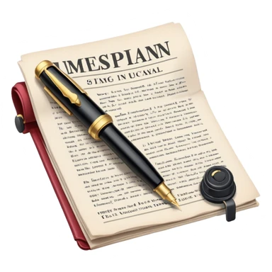 Create an emoji representing journalism and publicistic writing. The design should feature an open newspaper or a stack of articles with visible text columns, symbolizing opinion pieces and analysis. A classic fountain pen or ballpoint pen should be placed near the papers, indicating the act of writing. Optionally, include a small microphone or a press badge to emphasize investigative and journalistic aspects. Use neutral and professional colors like black, white, and muted blue or red. Do not include any emojis or smiley faces. Make the background transparent. sticker