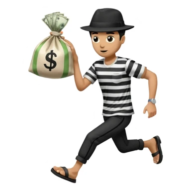 Make a man wear a black pant and he shirt is balck line and white line and wear a black hat and he holding a money bag and he running he wear a black eye thing no money in the Left hand and he yellow and the money bag in the right he wear a flip flop like this is Money bag 💰 NO MONEY sticker