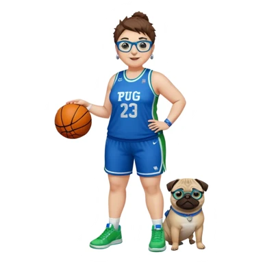 Full Body plus size white female basketball player with short medium brown hair with short spike hair wearing blue glasses 
With a pug wide nose wearing blue green uniform  green sneakers smiling wearing silver hoop earrings sticker