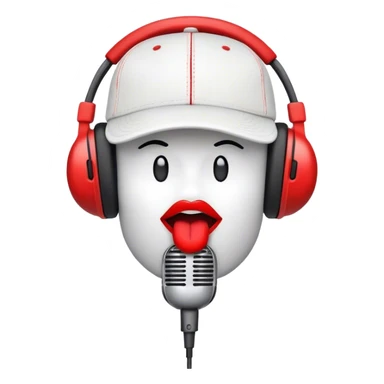 Create a dynamic and energetic emoji that represents beatboxing. The design should feature a stylized microphone with lips and baseball cap on it, sound waves emanating from it , symbolizing vocal percussion and rhythm. Add elements like headphones or a subtle speaker to emphasize the music production aspect. Use bold colors like black, white, and red to convey the intensity and creativity of beatboxing. The background should be transparent. sticker