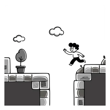 pixel art of a retro side-scrolling video game scene with blocks, platforms, clouds, and a character jumping, 8-bit Game Boy style sticker