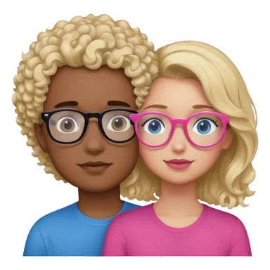 intimate moment between lovers, boy with blonde hair black glasses and blue eyes and a black shirt, Girl with a mixed skin tone, dark brown curly hair, pink glasses, and a pink shirt sticker