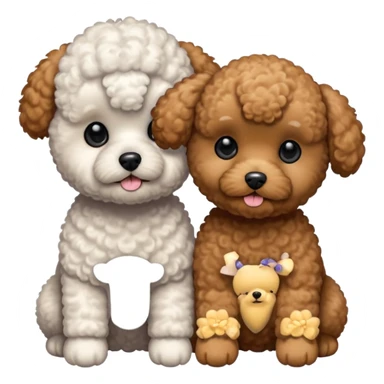 Two small, fluffy dogs with a toy poodle / bichon-like appearance, both with round faces, black button eyes, and short snouts. Their fur is bright white, tightly curled, and freshly groomed, styled in a plush, teddy-bear cut. sticker