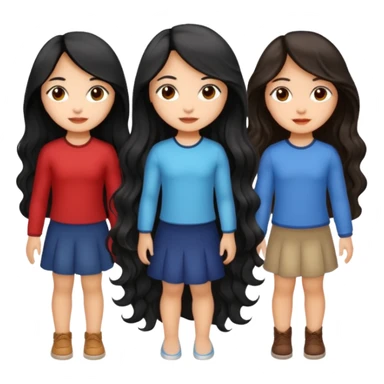 create a trio emoji girl with the first girl with a long black wavy hair with a light skin and the second girl with an mid length wavy hair with a little bit of brown color with light morena skin and the last with long black straight hair with light morena skin sticker