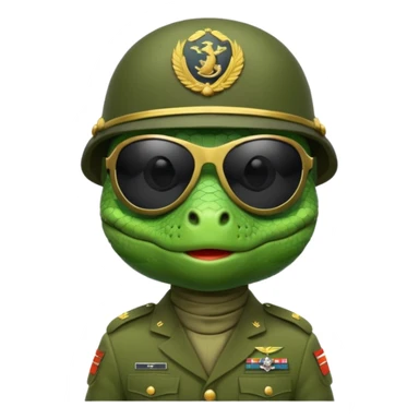 Lizard in military uniform with  black sunglasses and military helmet sticker