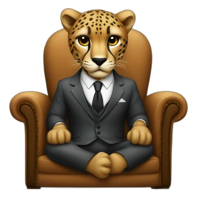 A cheetah wearing a suit looking straight while sitting in a chair sticker