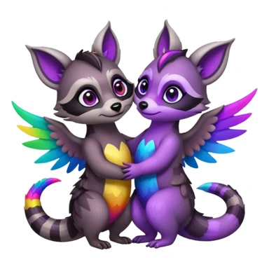 2 black female raccoon dragon hybrids with rainbow colored wings and purple eyes hugging sticker
