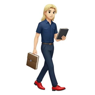 Guy with super long straight blonde hair wearing a short sleeve navy button up untucked black pants red shoes walking holding a notebook by his hip sticker