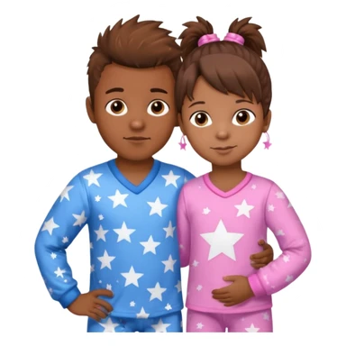 4 year old brown spikey haired boy with blue pajamas with stars on them and a 1 year old brown haired pony tail girl with pink pajamas, and stars on them sticker