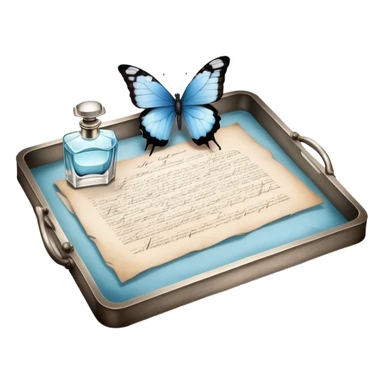 A nostalgic evening scene where an open love letter, with elegantly fading ink, lies next to a silver tray holding a vintage perfume bottle. A single pale blue butterfly lands gently on the aged parchment, as the soft scent of jasmine and peonies fills the air. sticker