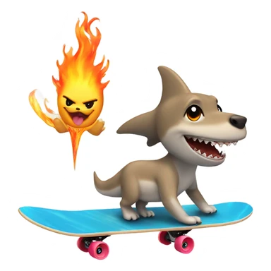 Shark skateboarding with a flaming wand in hand and a puppy in the other sticker