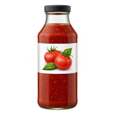 small upright bottle filled with chunky red salsa, visibly textured through a clear or semi-transparent container, wide base, simple red or black cap, flecks of tomato chili and herbs within thick sauce, no label, no chips, no garnish, soft lighting, subtle shadows, emoji scale sticker