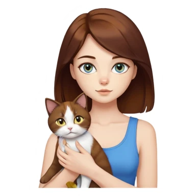 orta boy koyu kumral saçlı hafif çekik kahverengi gözlü güzel yüzlü güzel bir kız kucagında sarı beyaz hafif de siyah karışık tüylü bir gözü mavi bir gözü kahverengi güzel yüzlü bir kedi kızın üzernde crop var sticker
