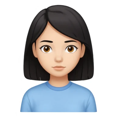 Emoji of a girl with black-brown long bob hair, fair tan skin, brown eyes, soft black eyebrows, pastel blue shirt, clean girl aesthetic, white background  sticker