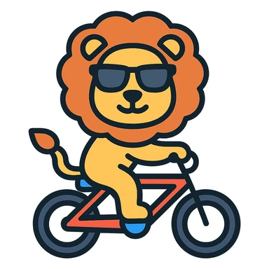 lion wearing sunglasses riding a bicycle, colored icon sticker