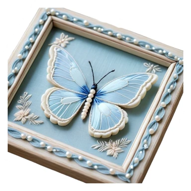 An antique ivory ribbon, embroidered with delicate silver filigree, twists gracefully over a weathered wooden table. A pale blue butterfly, its wings kissed with hints of opalescent shimmer, lands softly on the knotted bow. Around it, tiny pearl beads are scattered like dewdrops, catching the soft glow of candlelight. sticker