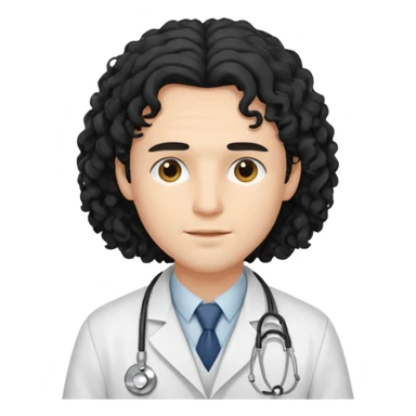 A young male slim doctor with long black curly hair hair which covered his forehead sticker