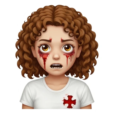 Zombie girl with curly brown hair como emoji de iphone y con la boca un poco lastimada haz que tenga una simple remera blanca puesta sticker
