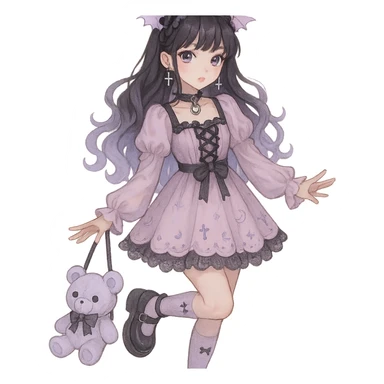 gothic K-pop girl, dreamy pastel goth style, soft colors with gothic details, whimsical pose, cute accessories sticker
