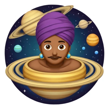 A bold emoji-style illustration with Saturn 🪐 as the dominant element, clearly showing its bright rings. Inside the planet, a stylized man wearing a colorful turban 👳🏾‍♂️, depicted as a mystical or adventurous character, sitting or floating within Saturn, integrated with the planet’s texture. . sticker