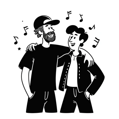 Two male musicians side by side with one arm over the other's shoulder: a 35-year-old with stylized beard, backwards cap, rocker style, and a younger 25-year-old musician, both smiling. Music notes and stars around them. Other band members celebrating in the background. sticker