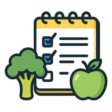 Vector-style illustration of a healthy diet checklist: an open notepad with checkmarks, placed beside fresh broccoli and a green apple. Clean, crisp lines, modern flat design with realistic soft shadows and highlights. High contrast, vibrant colors, minimalistic background. Professional, polished style, ideal for health or nutrition app or article illustration. sticker