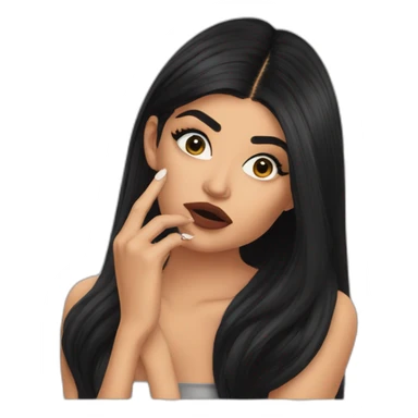 Kylie Jenner wondering and holding her finger on her lips sticker