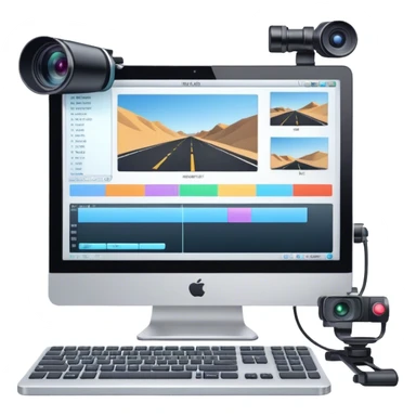 Create an emoji for video editing. Show a computer screen with a video timeline, clips, and editing tools (e.g., scissors). Add a video camera. Use modern, professional colors. Do not include any emojis or smiley faces. Make the background transparent sticker