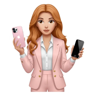 pale skin Kim Kardashian with ginger wavy long Hair, light pink  Spacious classical jacket, light pink palazzo Arrow pants and white blouse holding white IPhone 15 pro in the hands sticker