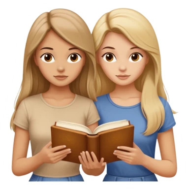 two beautiful girls in beige tops reading a beautiful vintage book. one is brown-haired, the other is blonde. both have long hair with sticker
