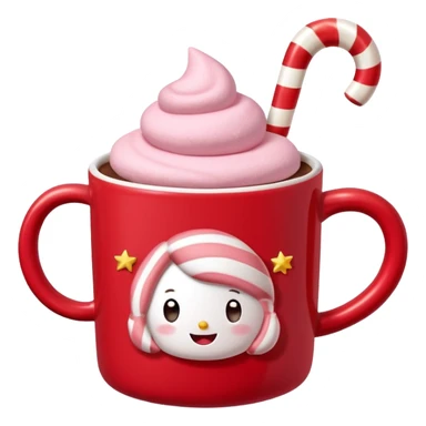 hot chocolate with pastel pink marshmallows in red christmas mug with stars and candy cane, trendy aesthetic sticker