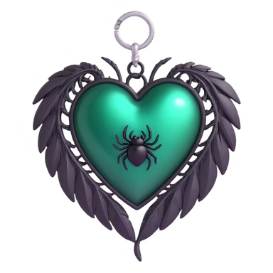 3D emoji gothic heart, dark emerald glass texture, silver spider charm, feather accents sticker