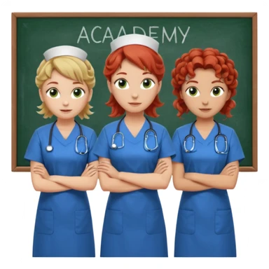 3 nurses: nurse 1 is wearing green work clothes, curly hair, middle european. nurse 2 is wearing blue work clothes, blond straight hair, scandinavic, nurse 3 is wearing white work clothes, red hair put into a bun, slavic. they all stand in a classroom, "Academy" written in white on board sticker