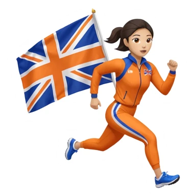 asian woman in orange sport suit and holding uk flag on the back, running sticker