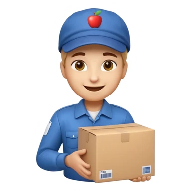 3D Apple-style emoji of a delivery worker holding a cardboard package. Wearing a cap and uniform shirt, smiling expression. Rounded, glossy, smooth, soft shadows, white background.




 sticker
