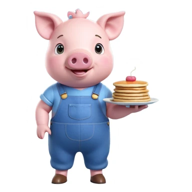 A cute 3D cartoon pig character with a big round nose, pink cheeks, and expressive eyes, standing upright in blue overalls. The pig has two small ears on top of its head, a friendly smile, and is holding pancakes with syrup and butter in both hands. The style is bright, playful, and similar to animated children's TV characters. White background. sticker