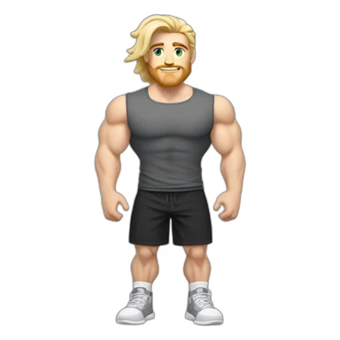 Full height Pale skinned fit man With Wide jaw, biceps and blonde hair In dark gray sleeveless mike, black oversize sports shorts, watch and white sneakers. his arms crossed over his chest sticker