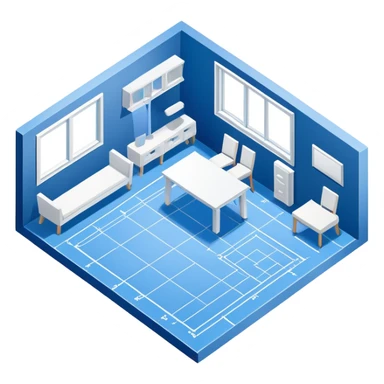 blue blueprint plan with white lines, isometric angle, shaded furniture or objects sticker