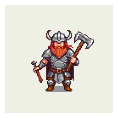 ginger viking warrior with red beard, horned helmet and metal armor, battle axe sticker