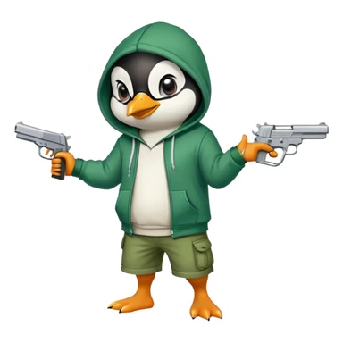 A cute half-dolphin half-penguin thug with a gun, wearing a blood-stained green hoodie and Dollar General shorts sticker