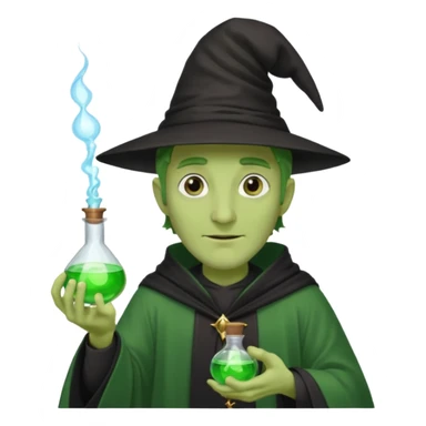 Green-skinned male wizard with a long nose, wearing a black hat and robe, holding a glowing potion bottle sticker