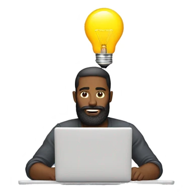 A man with beard working on a laptop with a lightbulb above his head sticker