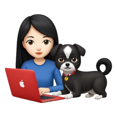 Asian girl with long black hair working on an Apple laptop, next to her is a small black and white dog sticker