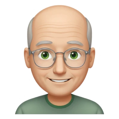 Balding man with receding hair, grey hair only on the sides, green eyes, rectangular reading glasses, rounded clear face, with a smile sticker