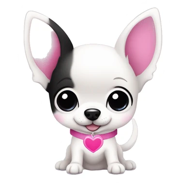 Cute kawaii white Chihuahua, with purple inside ears, black beady eyes, a black heart shaped nose, blue collar,  holding a pink heart, vector art style, simple design, black outline sticker
