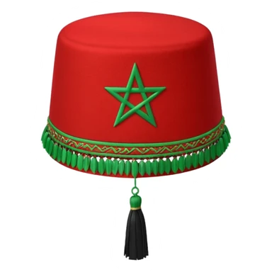Red Moroccan fez hat with a flat top, straight sides, a green five-pointed star on the front, and a thin black tassel hanging from the right side. sticker
