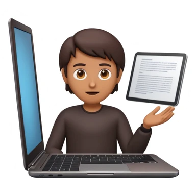 A dark-colored laptop with the screen open. From the screen, a person is emerging, giving a lecture or teaching. The person should look expressive and in a teaching pose. Soft shadows, semi-3D emoji style, clean background. sticker