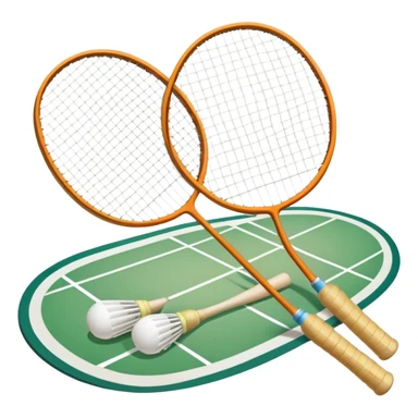Two crossed badminton rackets with a shuttlecock resting in between, set against the faint outline of a badminton court. The image highlights the tools of the sport, with a subtle emphasis on the court's net and boundaries, symbolizing competition and skill. sticker